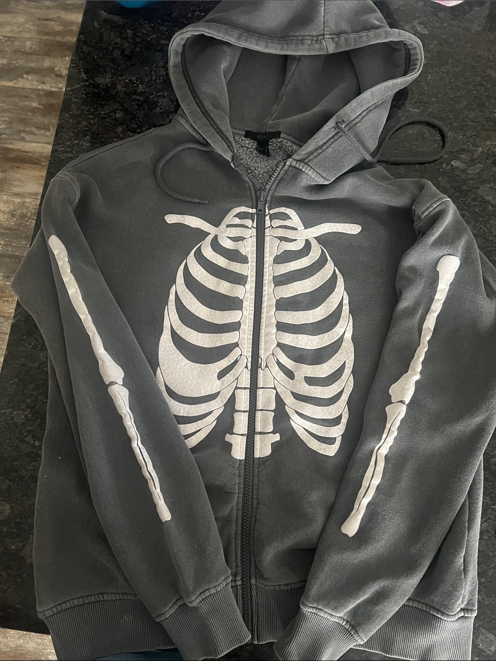 Forever 21 Black Gray Skeleton Print Zip-Up Hoodie